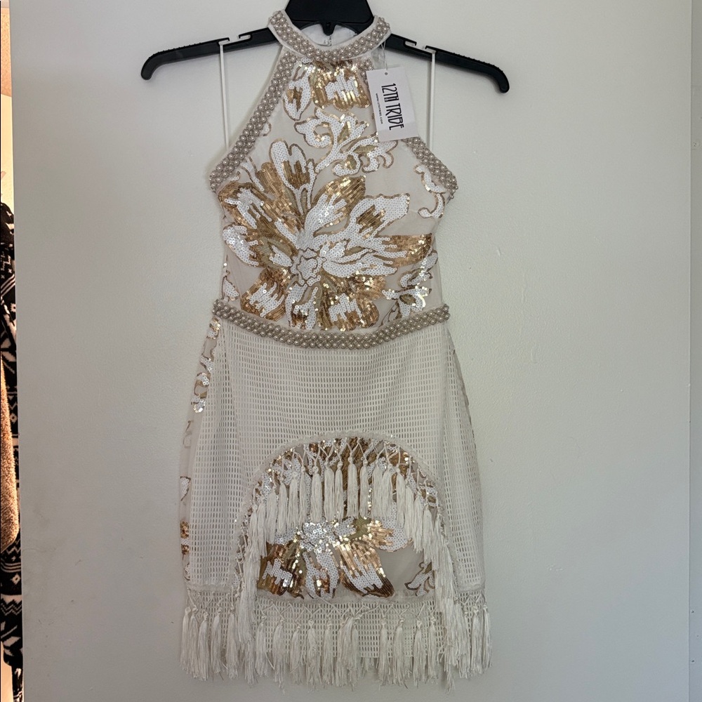 12th Tribe Ivory and Gold Halter Dress